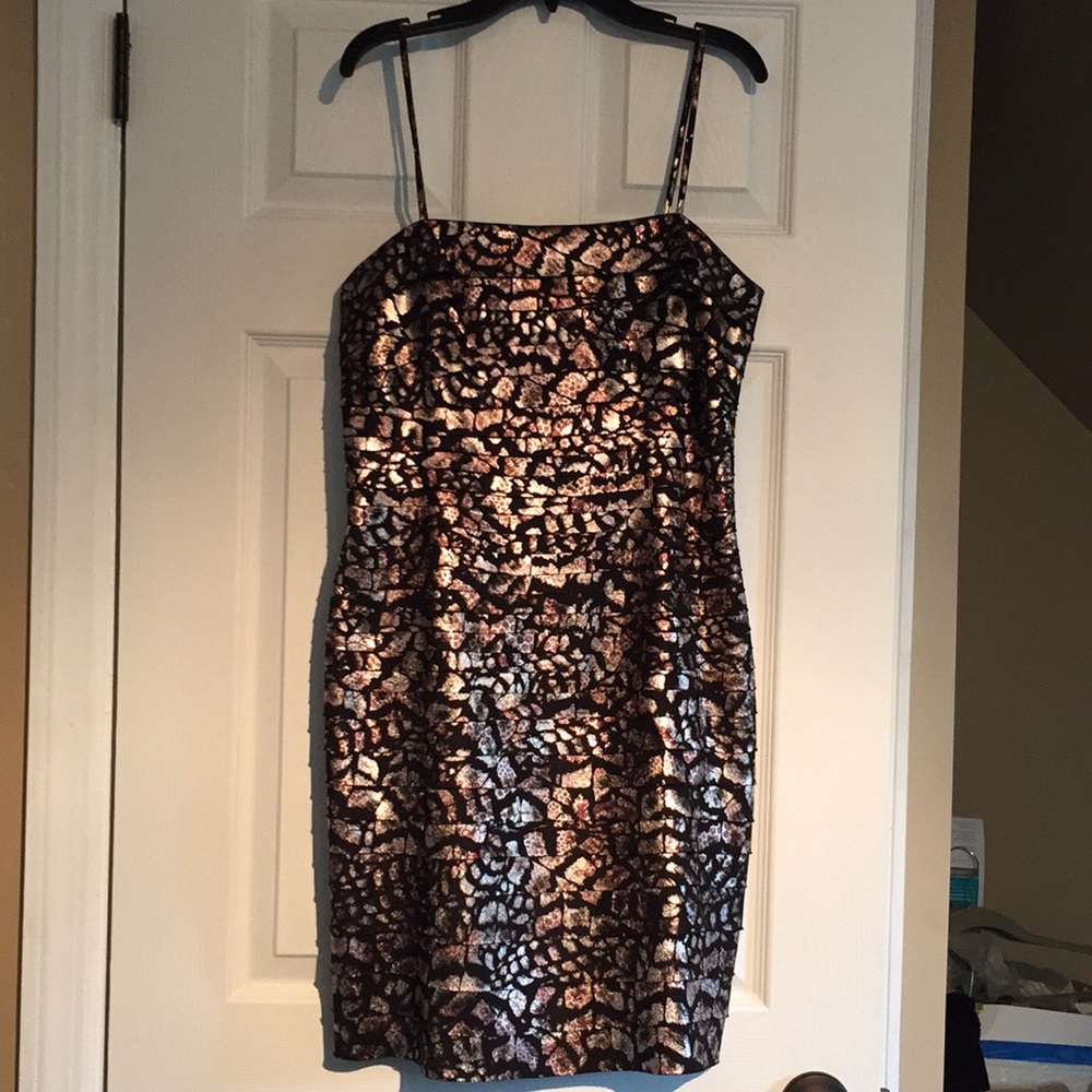 Black cocktail dress with pewter, silver prints